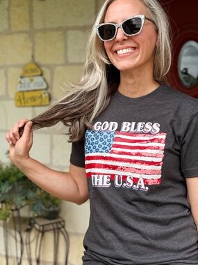 NEW "God Bless The U.S.A." Flag Graphic Tee - Charcoal T-Shirt 4th July